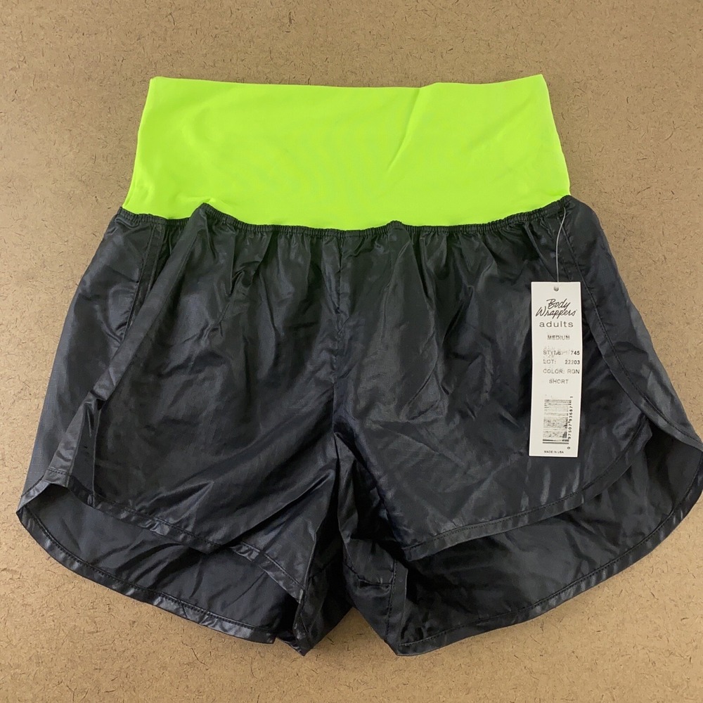 Body Wrappers Adult Medium Black Neon Green Hi Rise Ripstop Dance Short 745 NWT